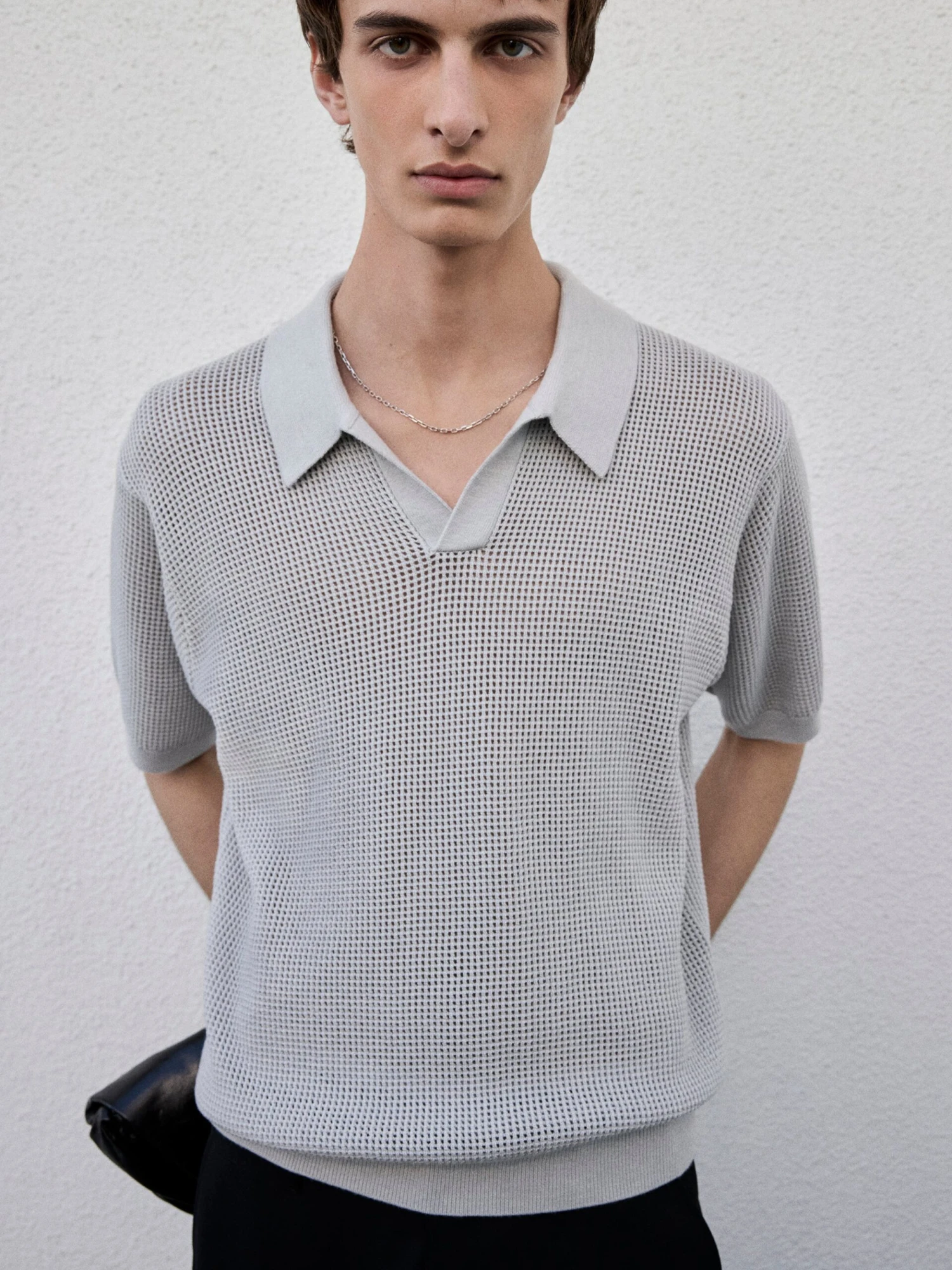 Open Weave Polo Sweater -- Grey Blue 2 Open Weave Polo Sweater -- Grey Blue - Image 2